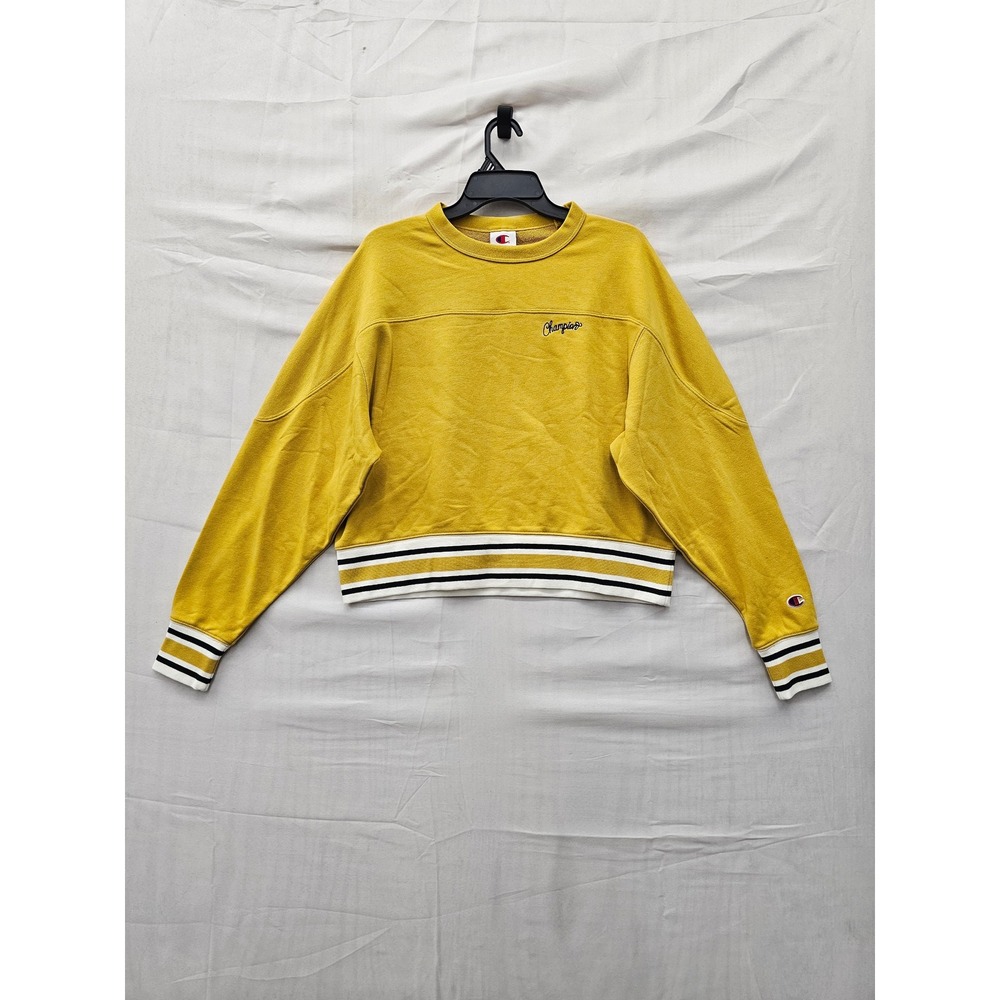 Champion Womens Cropped Crewneck Sweatshirt Yellow Cotton Blend Size Large
